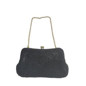 Black Beaded Evening Hand Bag Purse Clutch Kiss Lock chain Retro Dainty Flapper